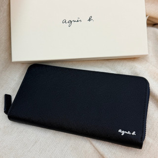 全新 agnes b 白Logo 黑色 防刮 ㄇ型 長夾 拉鍊 拉鏈 牛皮 真皮 皮夾 皮包 錢包 撞色 正品 男用