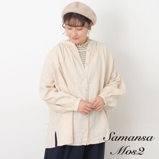 Samansa Mos2 【Cross×Linen】素面/碎花圖案褶皺圓領側衩排釦襯衫(0F001316610)