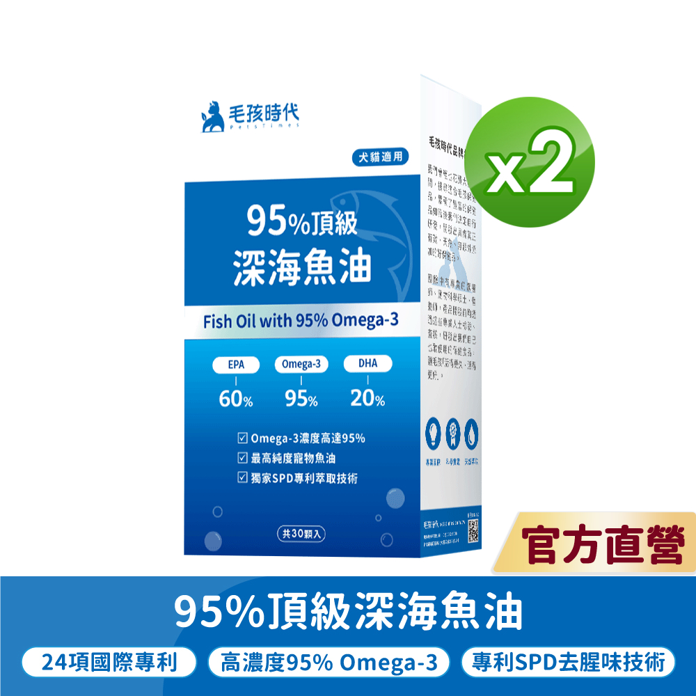 【毛孩時代】犬貓適用-95%頂級深海魚油<2盒組>寵物魚油-市售Omega-3濃度最高-官方直營