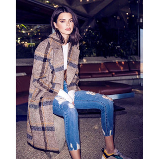 Kendall + Kylie 咖啡色格紋雙排扣毛料長版大衣外套 // XS