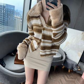 【Super Q】#5913韓版拼色條紋針織外套 針織外套 短版外套 短版上衣 保暖外套 冬天外套 針織衣 長袖上衣