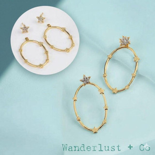 Wanderlust+Co 澳洲品牌 鑲鑽星星耳環 前後扣金色橢圓耳環 可多種配戴 Astral