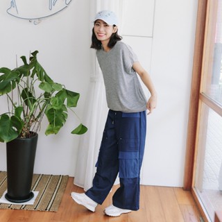【Dailo】異素材工裝口袋長褲 藍 灰