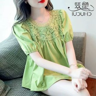 娃娃襯衫 大碼上衣 大碼襯衫大碼女裝M-3XL中大尺碼蕾絲襯衫寬鬆大碼 襯衫女短袖上衣BF休閒韓範 8608