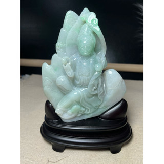 早期收藏 老料翡翠自在觀音 手持蓮花 冰潤質地 清透雅緻 安心陪伴收藏佳品