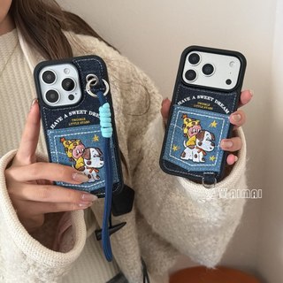 韓系卡通牛仔刺繡小狗卡包手機殼適用 iPhone17 16 15 14 13 Pro Max i13 15Pro 保護殼