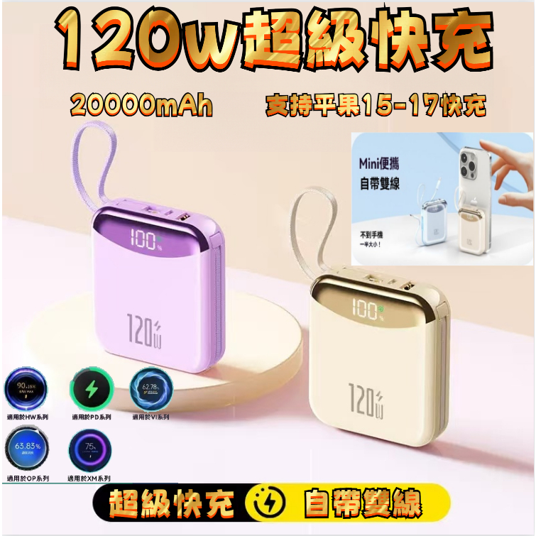 ⚡臺灣出貨⚡小巧超薄行動電源 120W迷你快充 20000mAh 自帶雙線 大容量移動電源 行動充 隨身充
