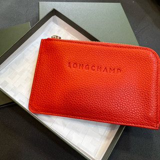 LONGCHAMP LE FOULONNÉ系列系列牛皮卡片零錢包（橘色/紅椒色）