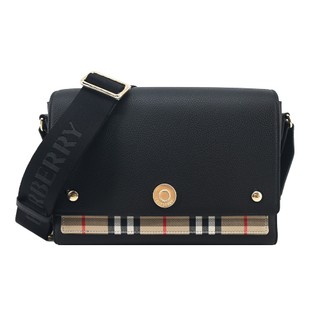 BURBERRY Horseferry小牛皮格紋帆布飾邊斜背包(黑色)｜100%原廠真品｜JS Maxx官方旗艦館