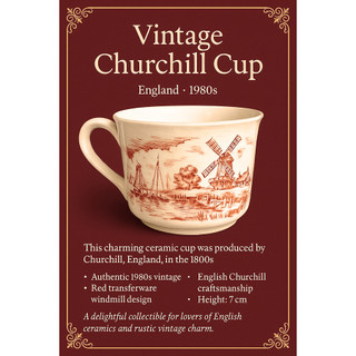 <Mystic* 藝境*> 1980年代英國 Churchill紅印轉印風車/船隻杯子/兩入一組/歷史痕跡美品/歐