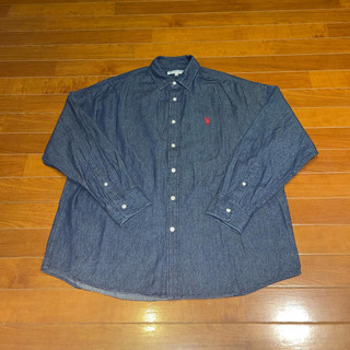U.S. Polo Assn. 男女寬版深藍丹寧馬球刺繡休閒長袖牛仔襯衫 日系潮流街頭流行City Boy穿搭百搭基本款