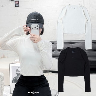 NIKE NSW TEE 米白 黑 小勾 刺繡 彈性 休閒 運動 短版 合身 長袖 女款【HF5323】