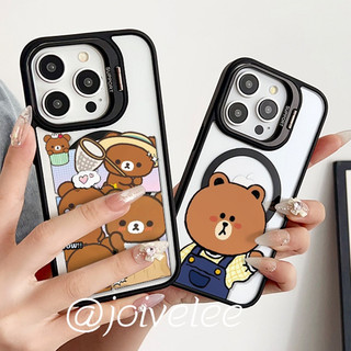 背帶褲布朗熊iPhone11 12 13 14 15 16 17 pro max手機殼 卡通 Magsafe磁吸鏡頭支架