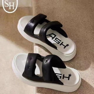 超級牛貨【shoes鞋魔】正品ASH女鞋 25夏季新款內外全真皮厚底一字拖涼鞋女 露趾魔術貼輕量舒適增高小個子懶人拖鞋