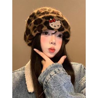 韓國東大門 豹紋Kitty毛線帽女秋冬季顯臉小針織帽 大頭圍保暖包頭帽子 凱蒂貓造型帽子韓系風帽子