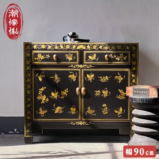 明清古董傢俱｜潮傢俬｜金閣描花雙抽雙門楊木收納櫃-幅90cm-風化黑｜售價31800特價28800