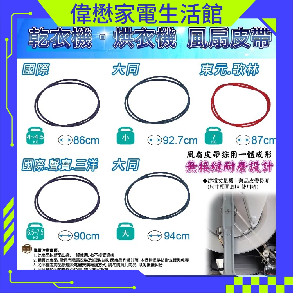 乾衣機.烘衣機皮帶(同原廠材質)國際.東元.聲寶. 三洋.大同.惠而浦風扇皮帶長度一樣可用