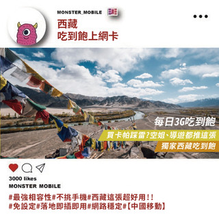 《小怪物通訊行》最新最火 獨家唯一 實際測試超順 西藏 翻牆卡免翻牆 4G 喫到飽 網絡卡 SIM卡 (3G)