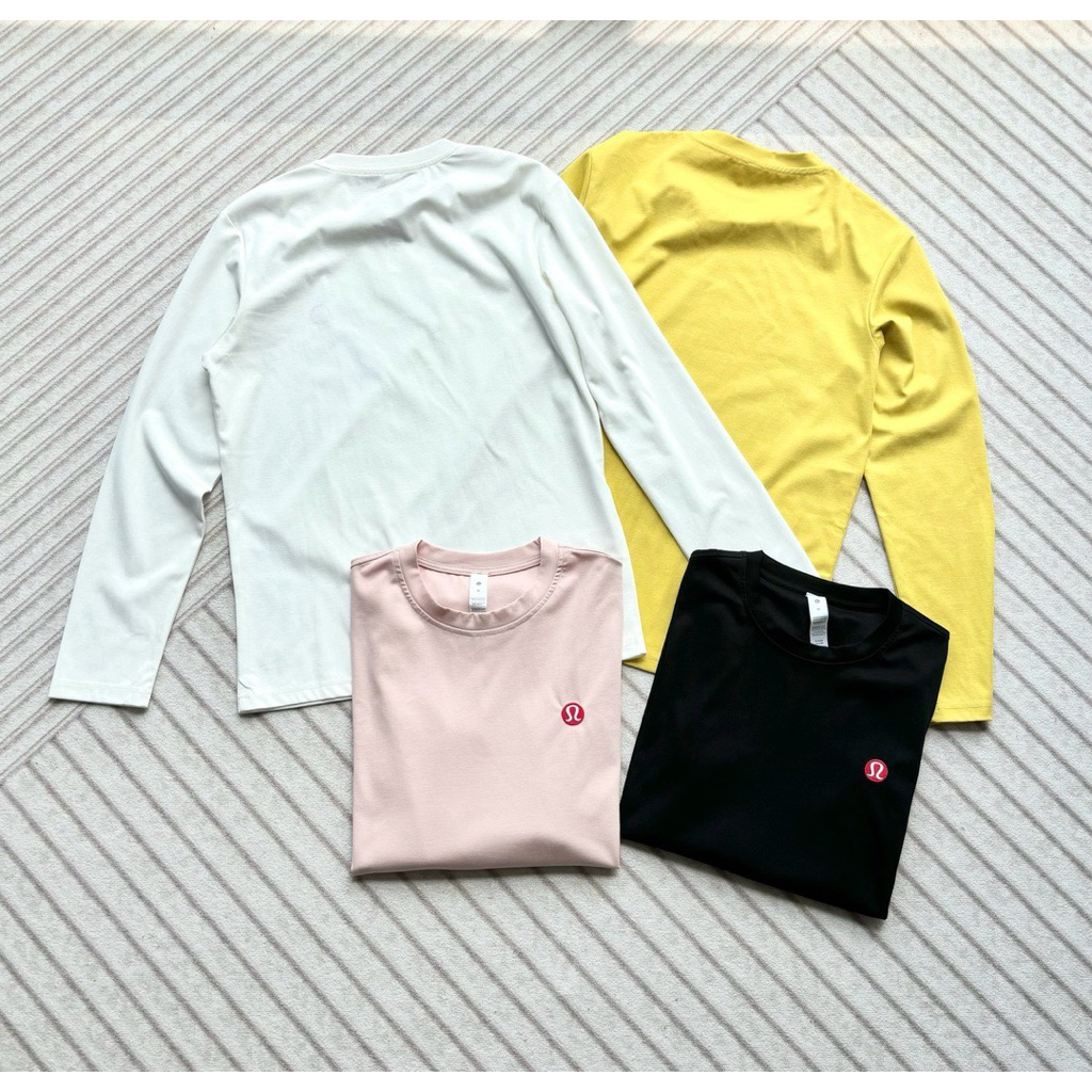 lululemon 經典簡約紅色小圓刺繡標微寬版圓領長袖T恤打底衫男女同款 姜黃色 桃粉色 黑色 白色