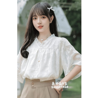 現貨⭐️【森林兔】日系襯衫短袖蕾絲襯衫V領女裝衣服透膚襯衫荷葉邊木耳邊短袖上衣日系穿搭復古學院風顯瘦小個子夏天F104