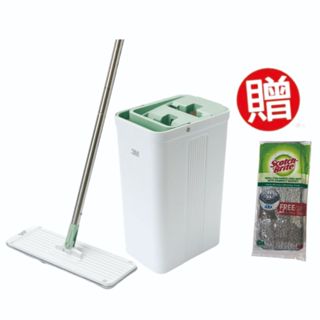 【Dr.Life生活館】3M HFB002百利輕巧型免手洗平板拖把刮水桶(莫蘭迪綠)贈補充布單片裝贈品包1包