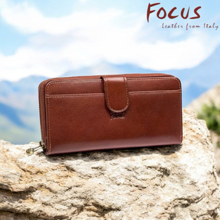 【寧寧精品】台中35年老店 Focus 咖啡色拉鏈牛皮長夾 經典原皮多功能壓扣女長夾拉鍊包 FTC3475 女長夾區