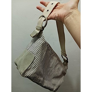 Gap Mini Sac 黑白條紋帆布 麂皮底部 金屬圓環 小巧單肩包 手提包 腋下包 二手 85成新