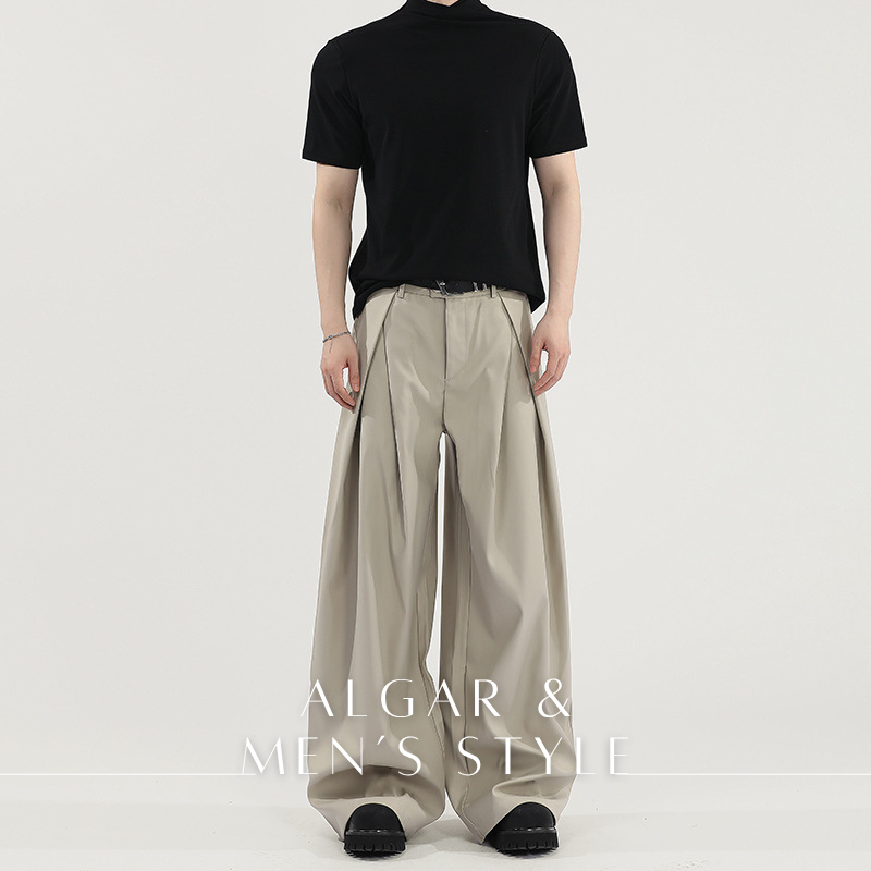 【Algar選品】韓系ins解構打摺A字西裝闊腿褲 皺褶 簡約 男女闊腿褲 寬褲 西裝褲 長褲 格雷灰 韓系百搭文青