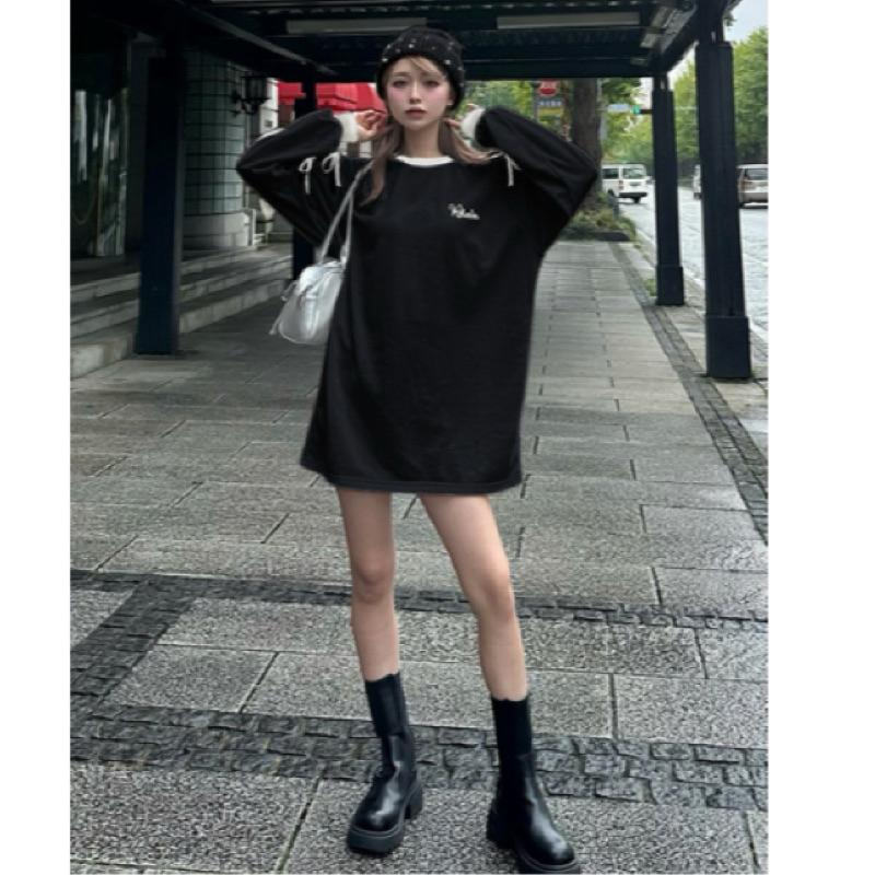 （多款 選3件1111元）日本帶 GRL oversize 長版大學T  肩線對比色線條  袖子蝴蝶結設計 黑、白