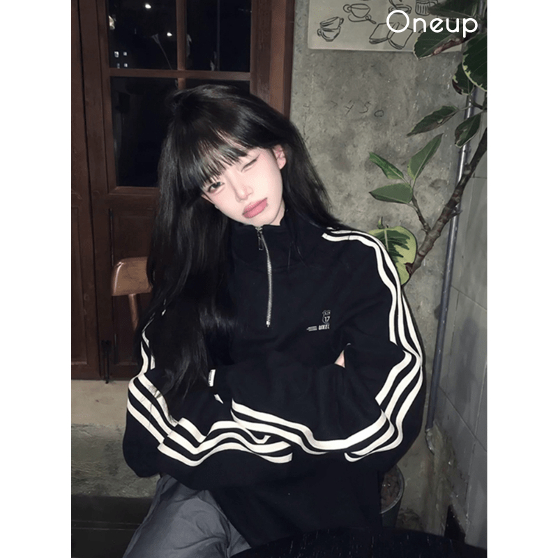 運動風半拉鏈條紋半高領大學t polo 大學t 半拉鏈大學t 美式大學t 設計感上衣 刷毛 加絨 大學t 女 大學t長袖