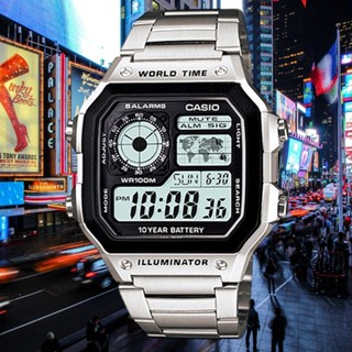 錶流行CASIO (AE-1200WHD-1A) 世界地圖顯示 休閒 時尚不鏽鋼電子錶