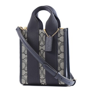 COACH Smith LOGO緹花布拼皮革手提/斜背二用包-午夜藍/迷你款【美國正品現貨】