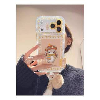 皮質 可愛刺繡小兔子 碎花 適用於iPhone17 16 15 14 13 Pro Max 手機殼 皮紋硬殼 防摔 掛繩