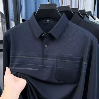 春秋時尚長袖T卹中年翻領男士爸爸寬鬆POLO衫 休閒口袋百搭翻領長袖POLO衫 翻領長袖T卹 百搭POLO衫