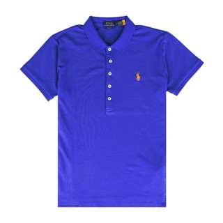 POLO RALPH LAUREN刺繡騎士小馬LOGO棉質混紡五鈕釦修身短袖POLO衫(女款/藍)
