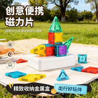 現貨《兒童玩具HA2】56片便攜彩窗磁力積木 ♥ 磁性拼裝鑽面積木 百變建構拼圖 ♥ 收納鐵盒 兒童益智 早教玩具