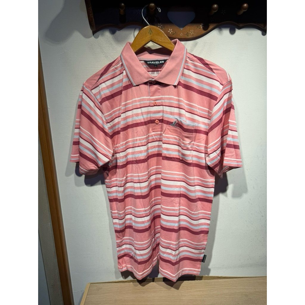 traveler 旅行者 粉條紋 短袖戶外運動上衣 男 L碼