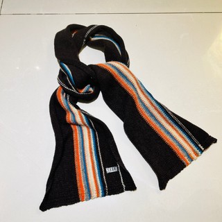 專櫃品牌ELLE 100%羊毛圍巾 彩色線條咖啡x橘配色 二手良品