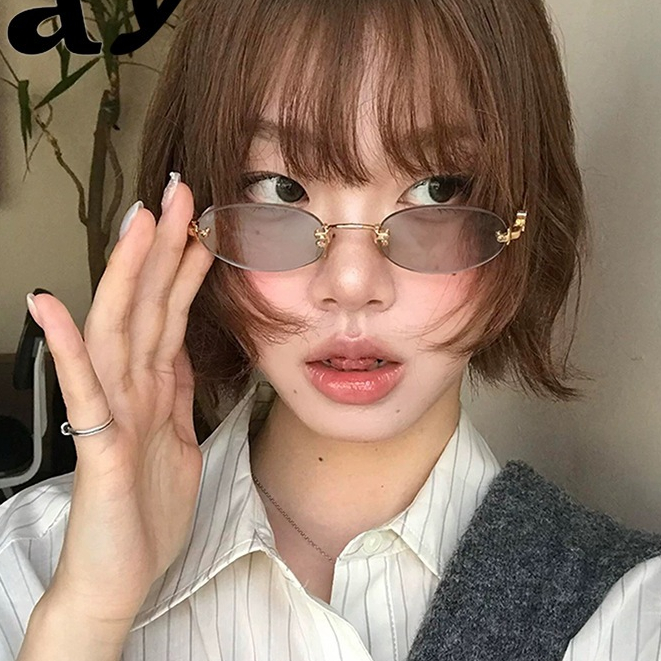 無框字母Y2K墨鏡 高級感穿搭太陽眼鏡 無邊框墨鏡 時尚小框橢圓金屬架墨鏡 防藍光眼鏡 74536