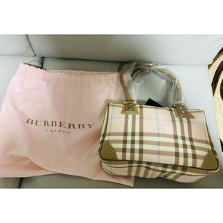 全新現貨 burberry 波士頓包 直紋 防水 PVC 牛皮邊 粉紅格紋手提包