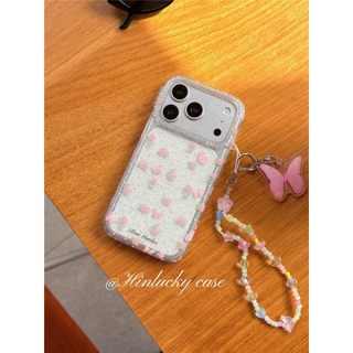 春日ins甜美碎花蝴蝶結掛件鏈條 適用於iPhone17 16 15 14 13 Pro Max 手機殼 全包軟邊硬殼