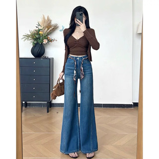 WEILI 高品質氣質寬鬆微喇牛仔褲女秋季高腰顯瘦掐腰不貼腿喇叭長褲