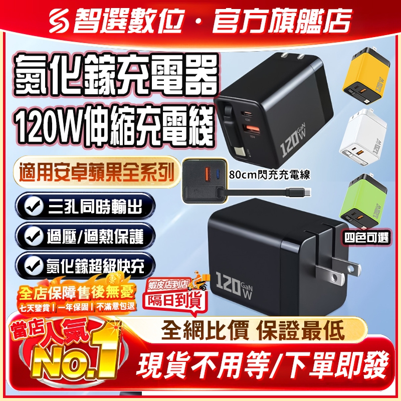 🔥多兼容安全快充🔥120W雙孔快充頭⚡自帶伸縮線 折疊插腳 65cm快充線 氮化鎵 PD快充豆腐頭 可充筆電 充電頭