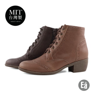 Ea專櫃女鞋 台灣MIT 英倫風牛皮綁帶牛津低跟短靴 (淺啡)(深咖)9905