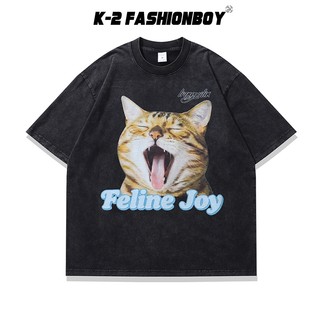 【K-2】FELINE JOY 可愛貓咪 打哈欠 小牙齒 水洗短T 短袖上衣 穿搭 男女不拘 團服 寬鬆【NK30】