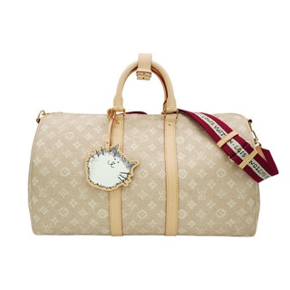 Louis Vuitton Keepall 45 貓咪吊牌丹寧布拚牛皮二用斜背包(M25787-米)