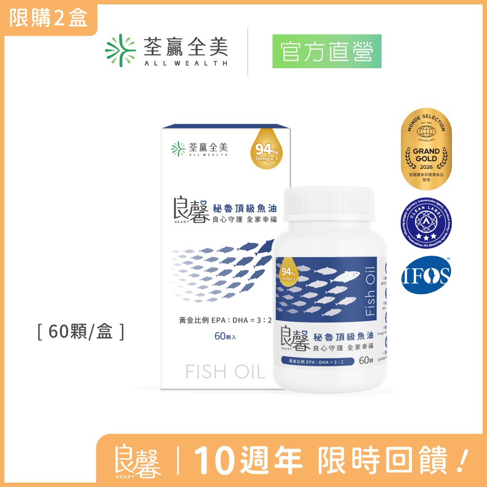 【荃贏全美】良馨秘魯頂級魚油(60顆/盒) | 專利秘魯魚油 Omega-3 94%以上 | 高濃度 rTG型態