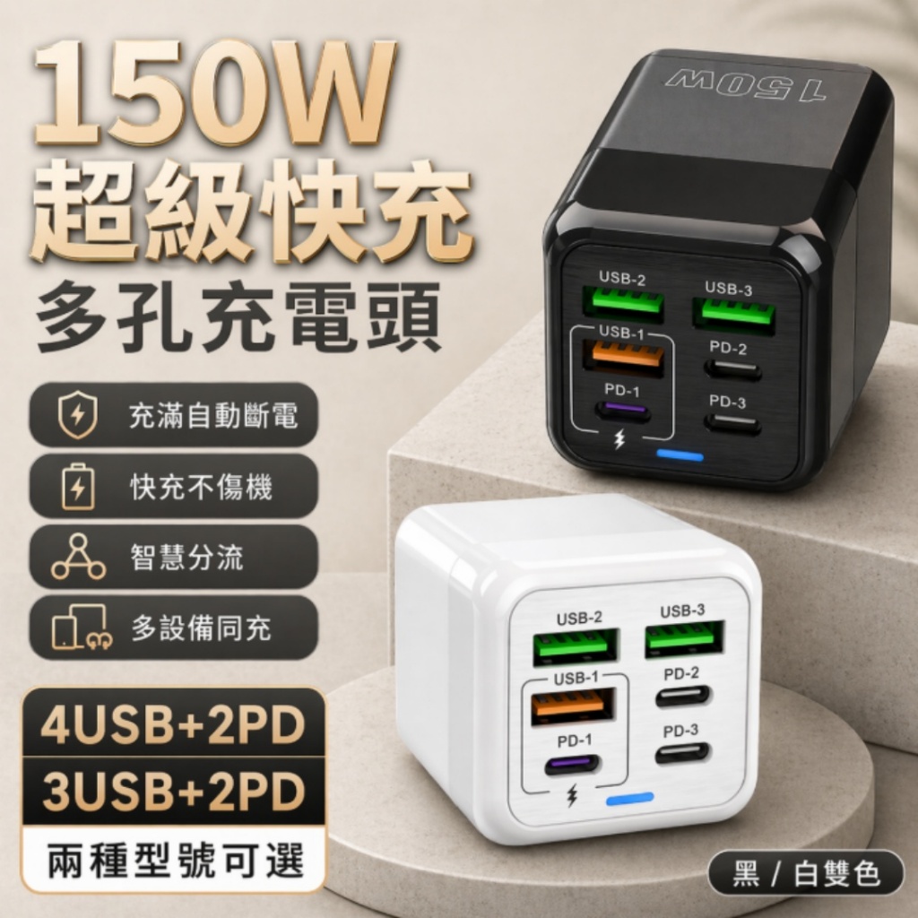 台灣出貨 可開發票💥150W氮化鎵快充頭 超級快充豆腐頭 Typec 蘋果安卓 充電頭快充 多孔充電頭 USB豆腐頭快充