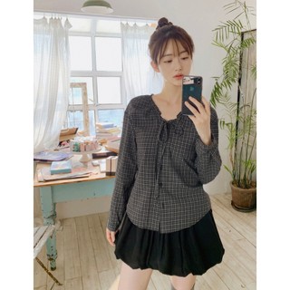 韓國代購KOREA_90 SHOP清雅氣質網拍MILKCOCOA 格紋綁帶蝴蝶結領結V領長袖排扣襯衫