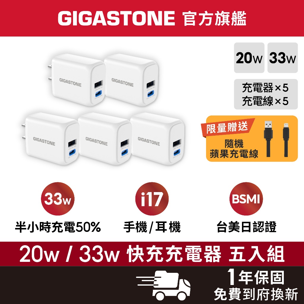 【GIGASTONE】20W / 33W 五入組 雙孔快充頭 ✦ 適用iPhone17/安卓手機充電器/豆腐頭 PD快充